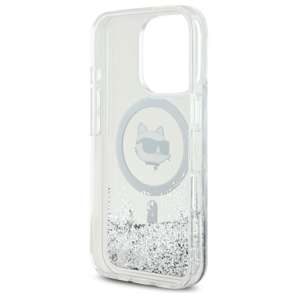 Pouzdro MagSafe pro Apple iPhone 16 Pro, Karl Lagerfeld, Liquid Glitter Choupette's Head, Transparentní