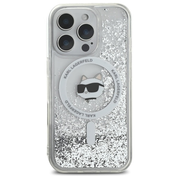 Pouzdro MagSafe pro Apple iPhone 16 Pro, Karl Lagerfeld, Liquid Glitter Choupette's Head, Transparentní