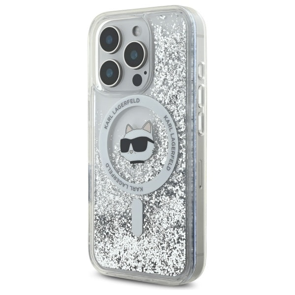 Pouzdro MagSafe pro Apple iPhone 16 Pro, Karl Lagerfeld, Liquid Glitter Choupette's Head, Transparentní