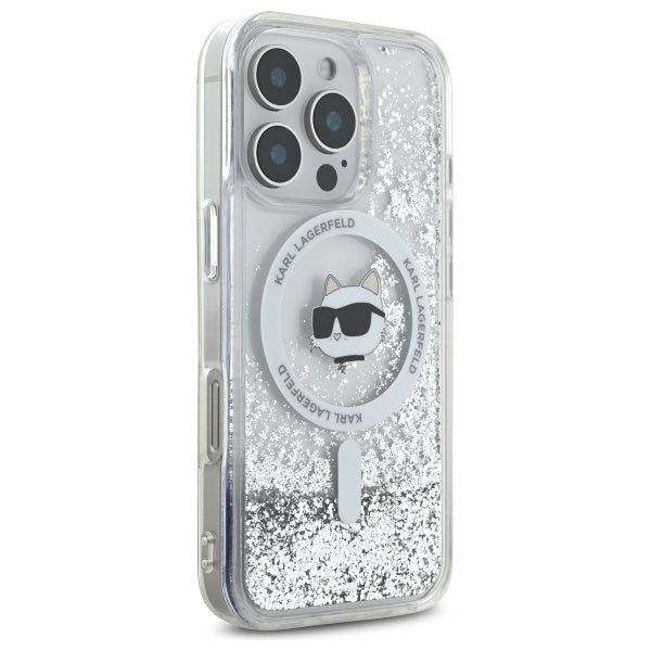 Pouzdro MagSafe pro Apple iPhone 16 Pro, Karl Lagerfeld, Liquid Glitter Choupette's Head, Transparentní