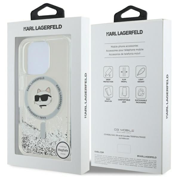 Pouzdro MagSafe pro Apple iPhone 16 Pro, Karl Lagerfeld, Liquid Glitter Choupette's Head, Transparentní