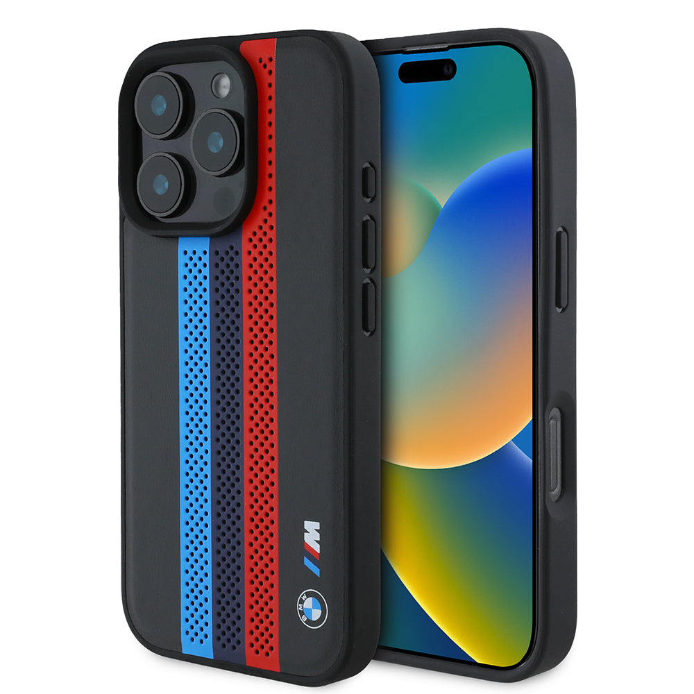 Pouzdro MagSafe pro Apple iPhone 16 Pro Max, BMW, Perforated M Perf. Tricolor Stripers, Černá