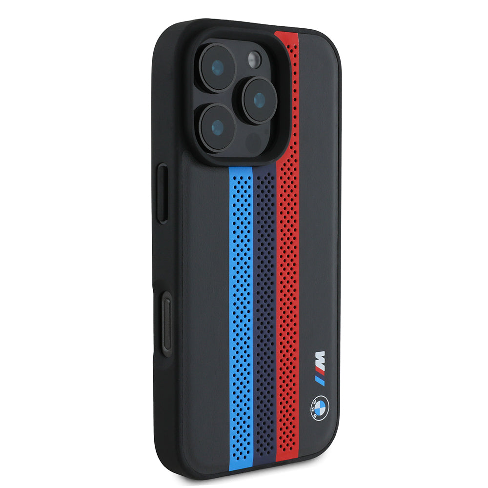 Pouzdro MagSafe pro Apple iPhone 16 Pro Max, BMW, Perforated M Perf. Tricolor Stripers, Černá