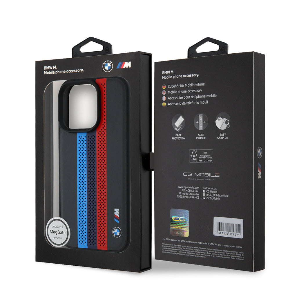 Pouzdro MagSafe pro Apple iPhone 16 Pro Max, BMW, Perforated M Perf. Tricolor Stripers, Černá