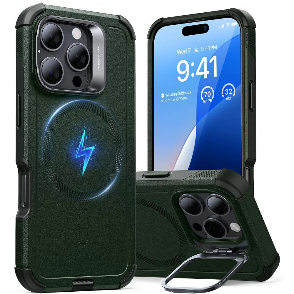 Pouzdro MagSafe pro Apple iPhone 16 Pro Max, ESR, Cyber Armor Kickstand, Zelená