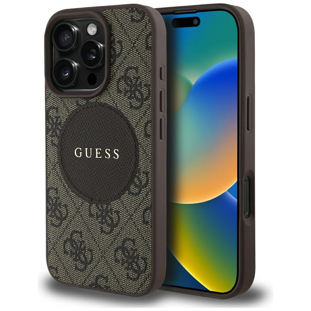 Pouzdro MagSafe pro Apple iPhone 16 Pro Max, Guess, 4G Circle Classic Logo, hnědá