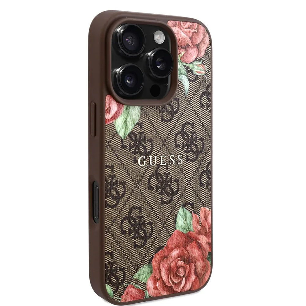 Pouzdro MagSafe pro Apple iPhone 16 Pro Max, Guess, 4G Flowers Print, hnědá