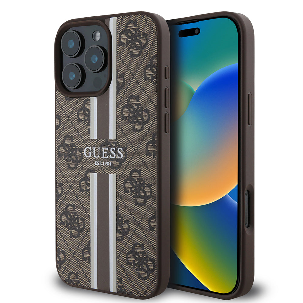 Pouzdro MagSafe pro Apple iPhone 16 Pro Max, Guess, 4G Printed Stripes, Hnědá