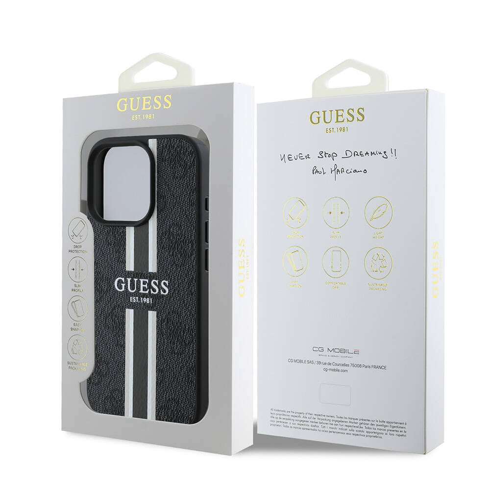 Pouzdro MagSafe pro Apple iPhone 16 Pro Max, Guess, 4G Printed Stripes, Černá