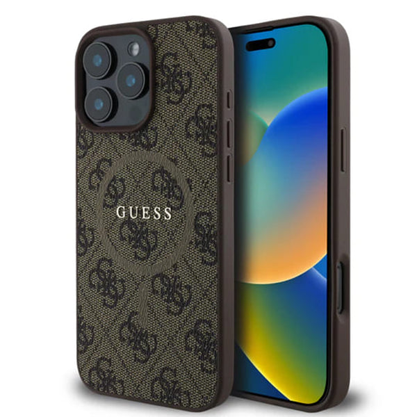 Pouzdro MagSafe pro Apple iPhone 16 Pro Max, Guess, 4G Ring Classic Logo, hnědá