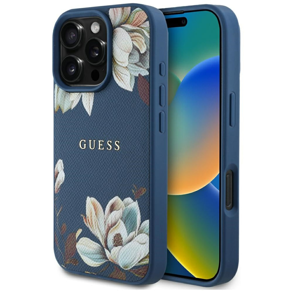 Pouzdro MagSafe pro Apple iPhone 16 Pro Max, Guess, Grained Flowers, Modrá