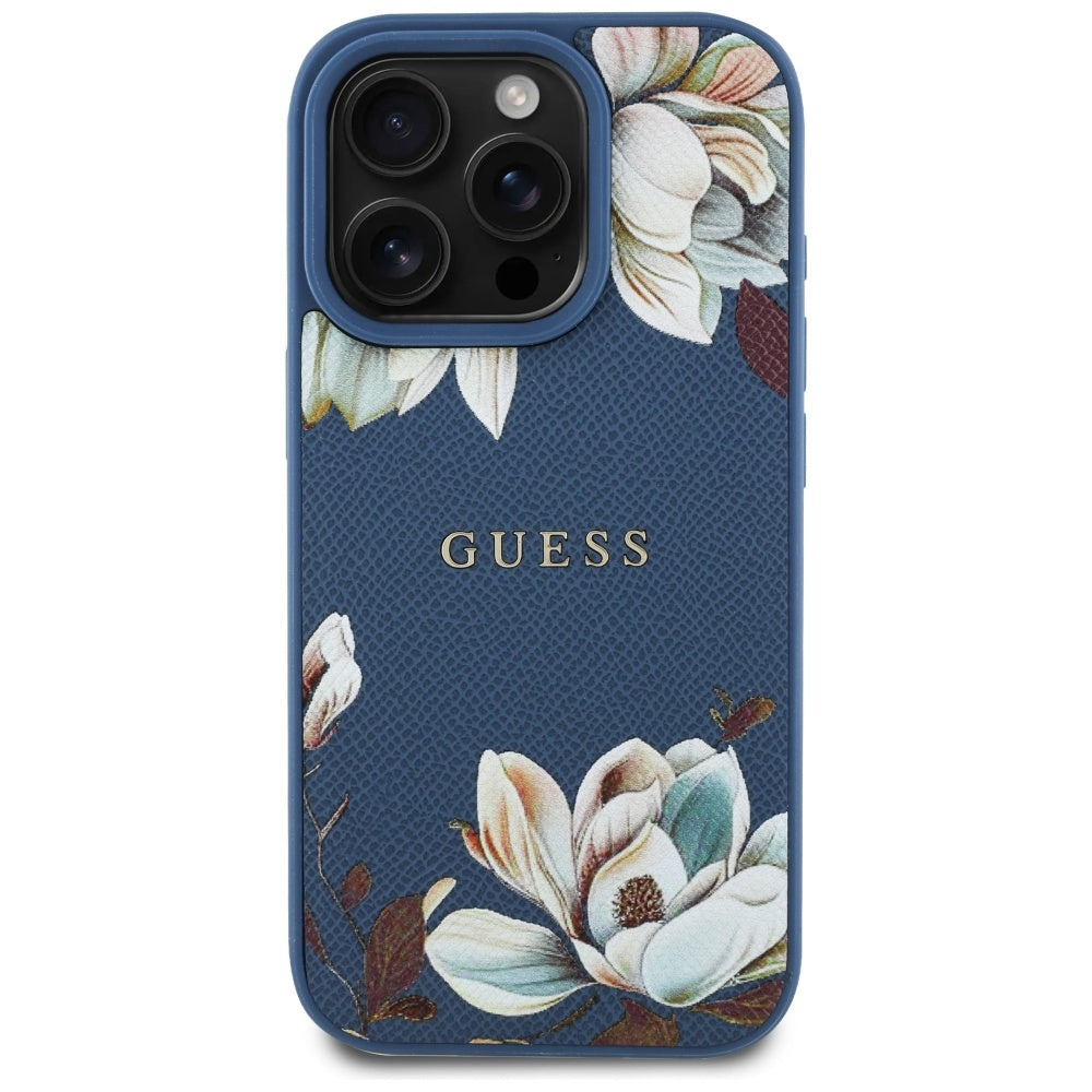 Pouzdro MagSafe pro Apple iPhone 16 Pro Max, Guess, Grained Flowers, Modrá