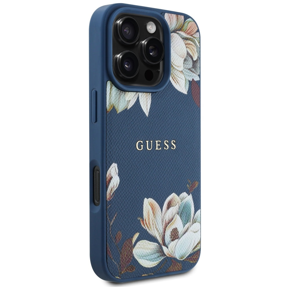 Pouzdro MagSafe pro Apple iPhone 16 Pro Max, Guess, Grained Flowers, Modrá