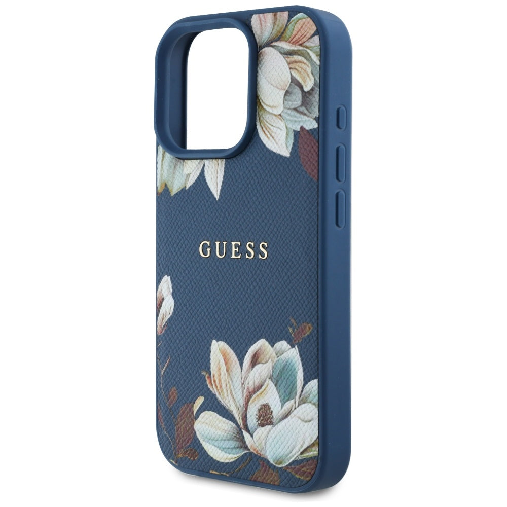 Pouzdro MagSafe pro Apple iPhone 16 Pro Max, Guess, Grained Flowers, Modrá