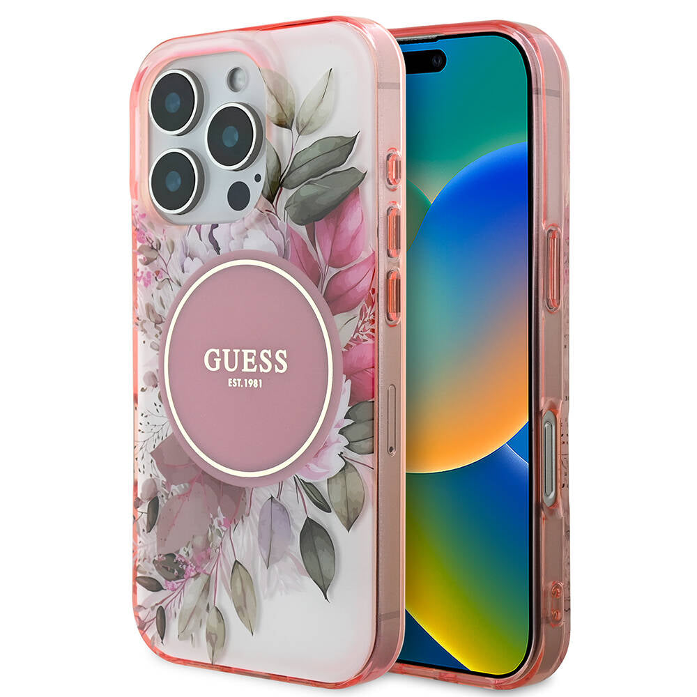 Pouzdro MagSafe pro Apple iPhone 16 Pro Max, Guess, IML Flower & Tonal Circle, Růžové