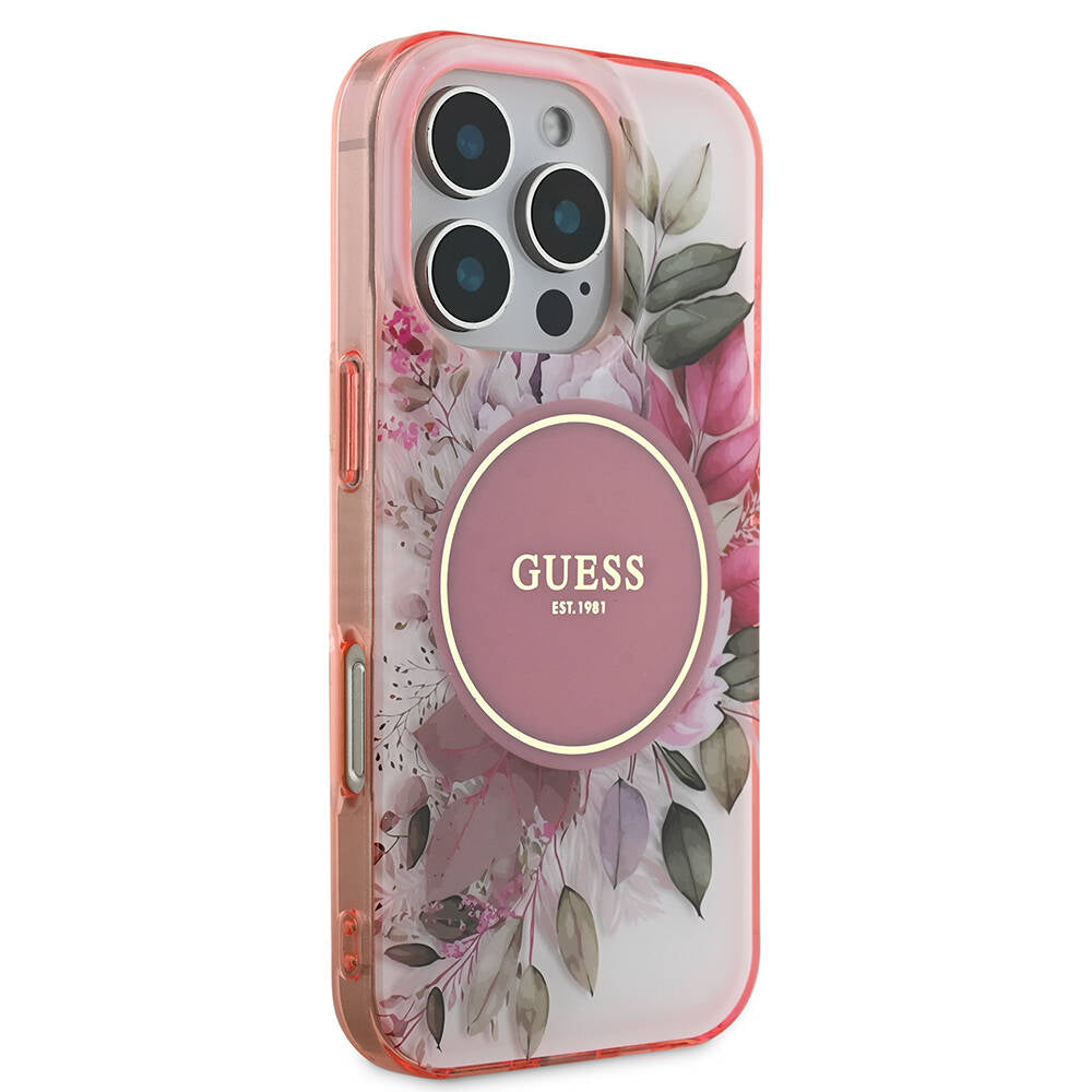 Pouzdro MagSafe pro Apple iPhone 16 Pro Max, Guess, IML Flower & Tonal Circle, Růžové