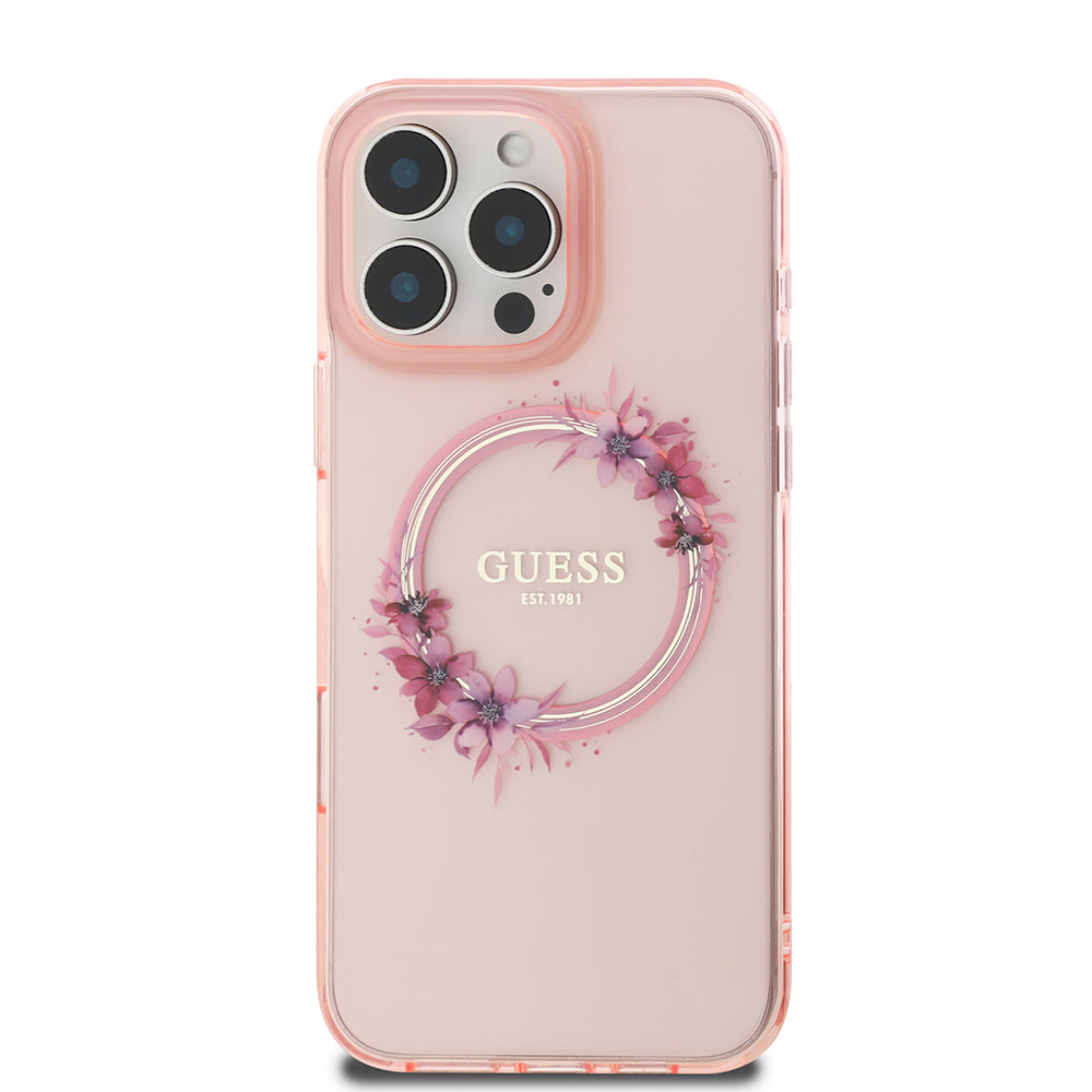 Pouzdro MagSafe pro Apple iPhone 16 Pro Max, Guess, IML Flowers Wreath, Růžové