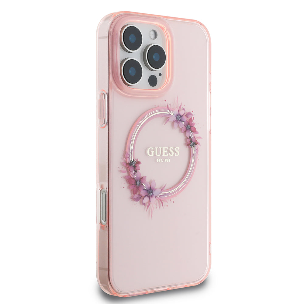 Pouzdro MagSafe pro Apple iPhone 16 Pro Max, Guess, IML Flowers Wreath, Růžové