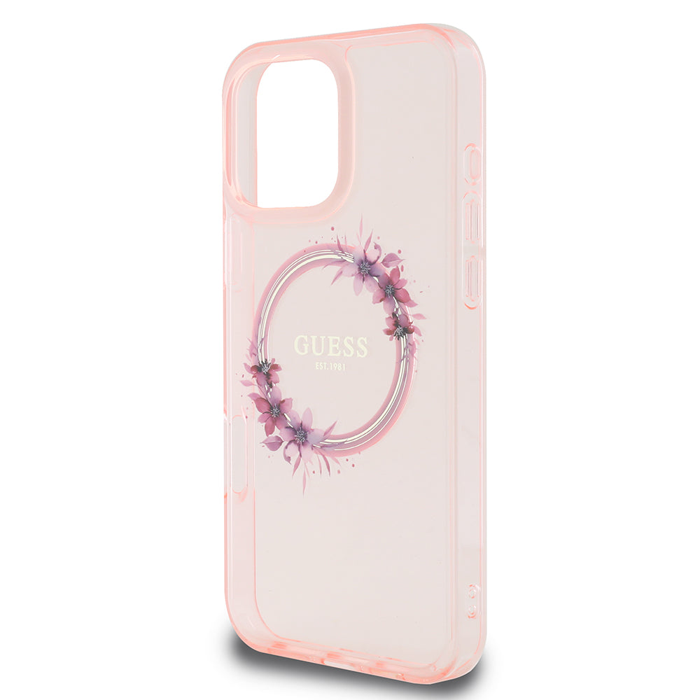 Pouzdro MagSafe pro Apple iPhone 16 Pro Max, Guess, IML Flowers Wreath, Růžové