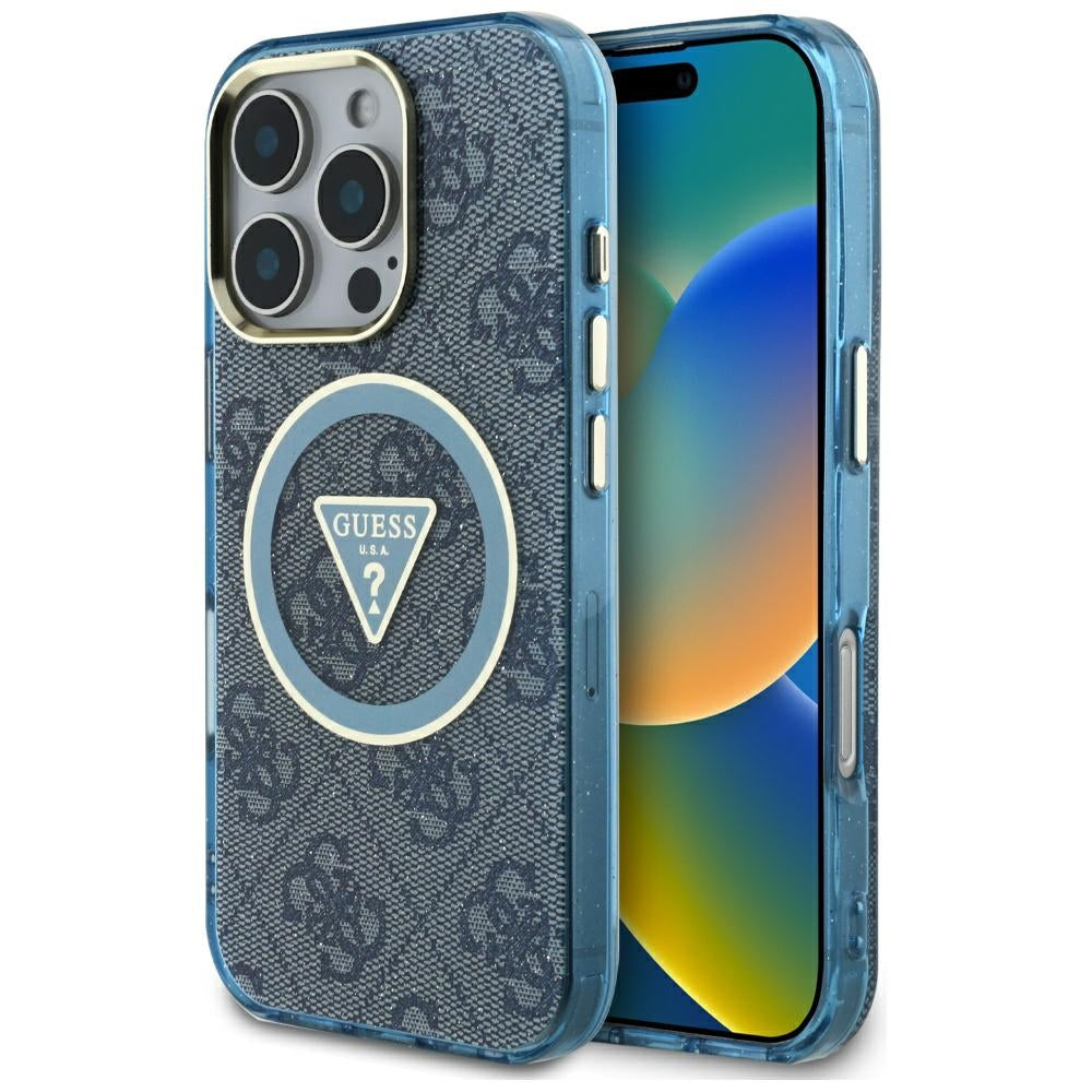 Pouzdro MagSafe pro Apple iPhone 16 Pro Max, Guess, IML Glitter 4G Circle Triangle, Modrá