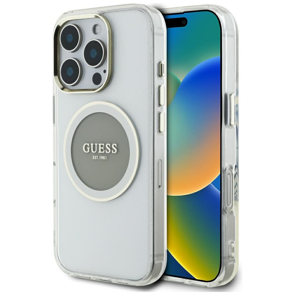 Pouzdro MagSafe pro Apple iPhone 16 Pro Max, Guess, IML Metal Colored Circle, šedé