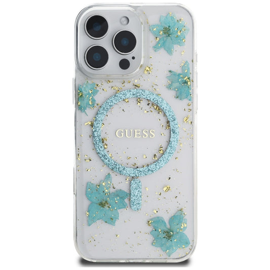 Pouzdro MagSafe pro Apple iPhone 16 Pro Max, Guess, Resin Flowers and Glitter, Tyrkysová