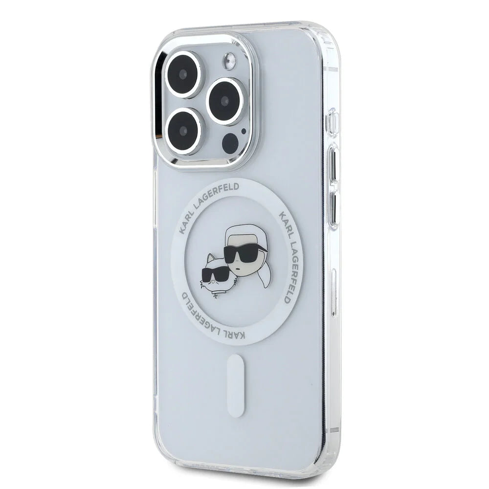 Pouzdro MagSafe pro Apple iPhone 16 Pro Max, Karl Lagerfeld, IML Metal Karl & Choupette's Heads, Bílá