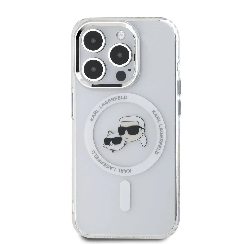 Pouzdro MagSafe pro Apple iPhone 16 Pro Max, Karl Lagerfeld, IML Metal Karl & Choupette's Heads, Bílá