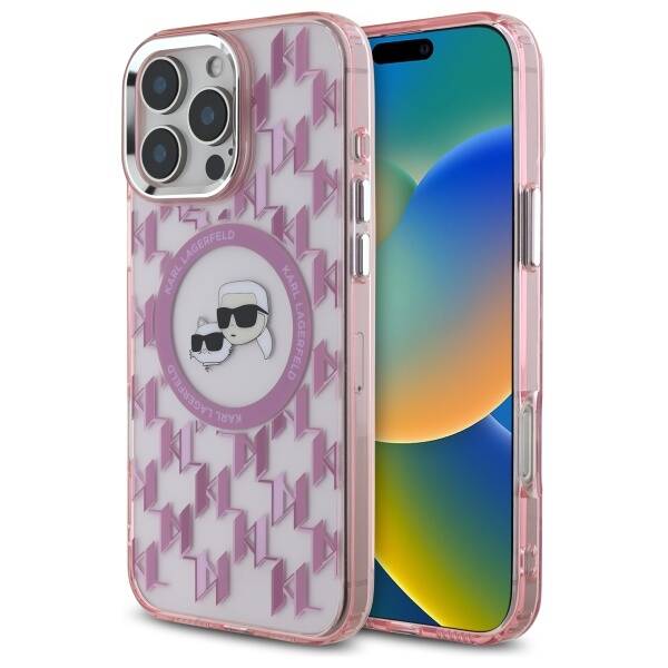 Pouzdro MagSafe pro Apple iPhone 16 Pro Max, Karl Lagerfeld, IML Monogram Karl & Choupette's Heads, Růžové