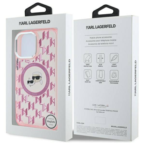 Pouzdro MagSafe pro Apple iPhone 16 Pro Max, Karl Lagerfeld, IML Monogram Karl & Choupette's Heads, Růžové