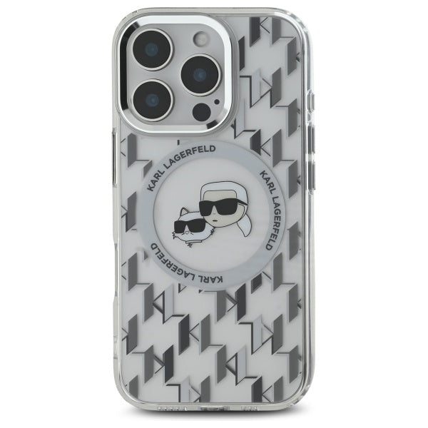 Pouzdro MagSafe pro Apple iPhone 16 Pro Max, Karl Lagerfeld, IML Monogram Karl & Choupette's Heads, Průhledné