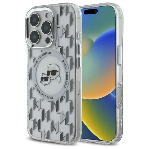 Pouzdro MagSafe pro Apple iPhone 16 Pro Max, Karl Lagerfeld, IML Monogram Karl & Choupette's Heads, Průhledné
