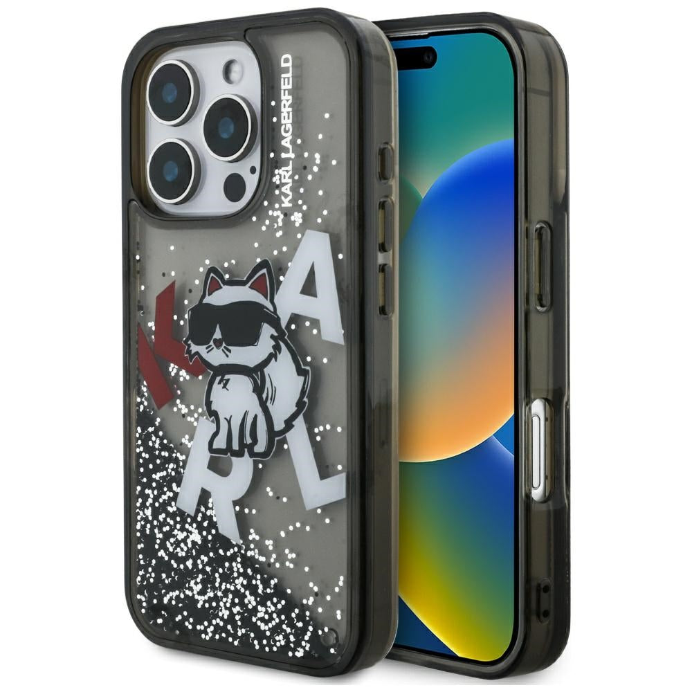 Pouzdro MagSafe pro Apple iPhone 16 Pro Max, Karl Lagerfeld, Liquid Glitter Choupette Logo, Černá