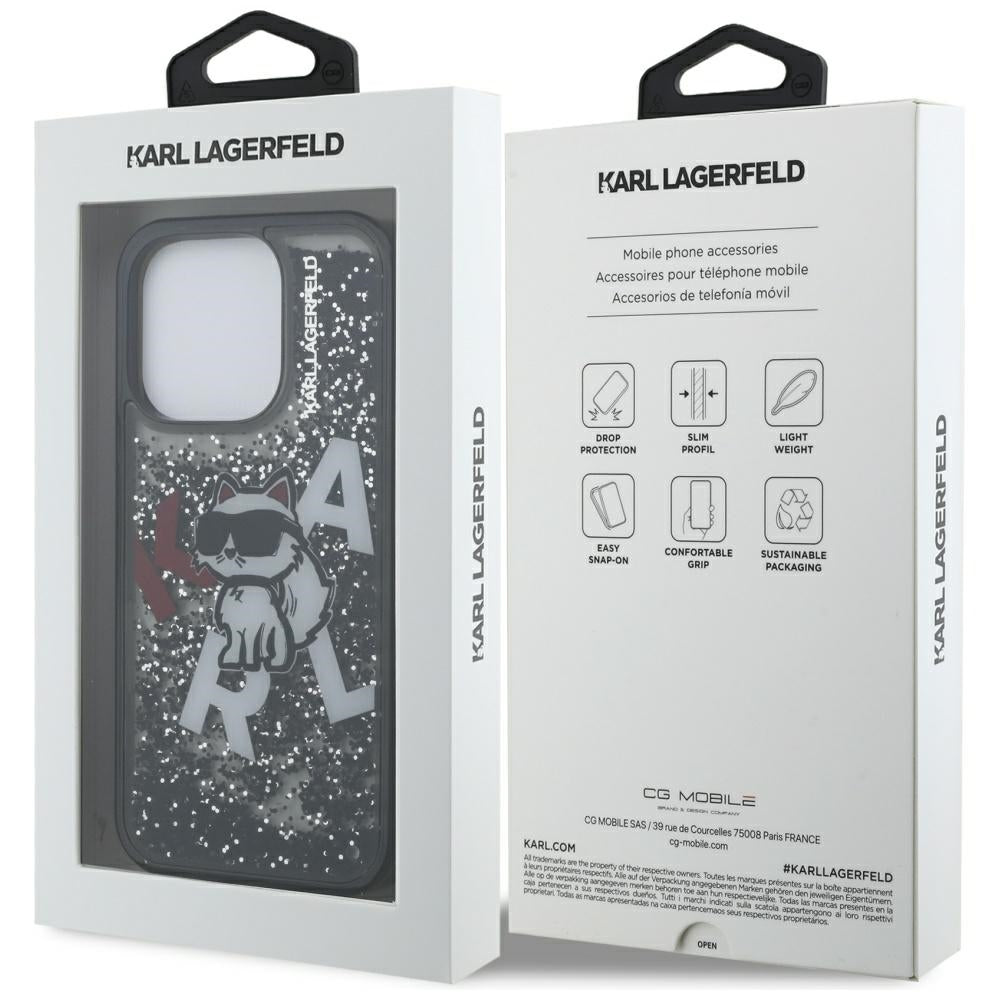 Pouzdro MagSafe pro Apple iPhone 16 Pro Max, Karl Lagerfeld, Liquid Glitter Choupette Logo, Černá