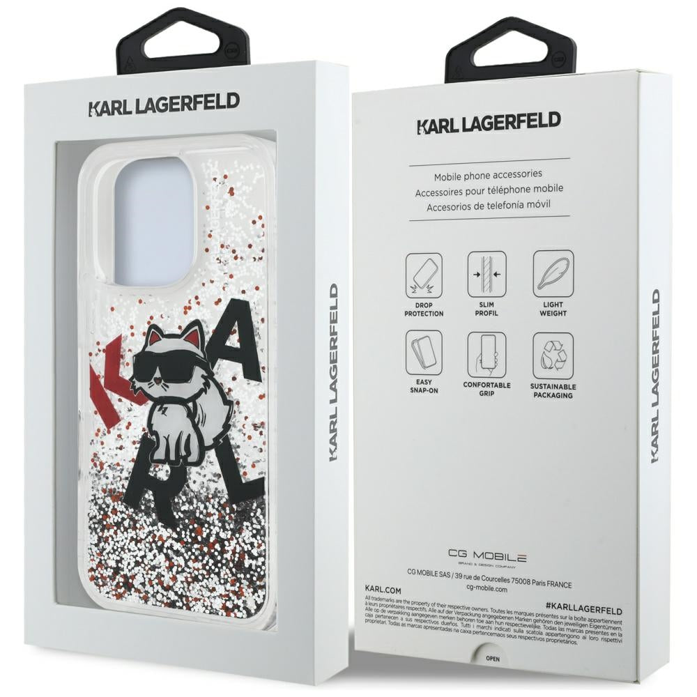 Pouzdro MagSafe pro Apple iPhone 16 Pro Max, Karl Lagerfeld, Liquid Glitter Choupette Logo, Transparentní