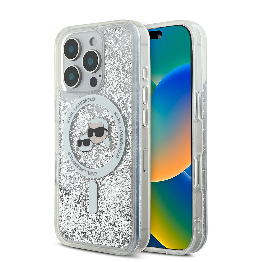 Pouzdro MagSafe pro Apple iPhone 16 Pro Max, Karl Lagerfeld, Liquid Glitter Karl & Choupette's Heads, Transparentní