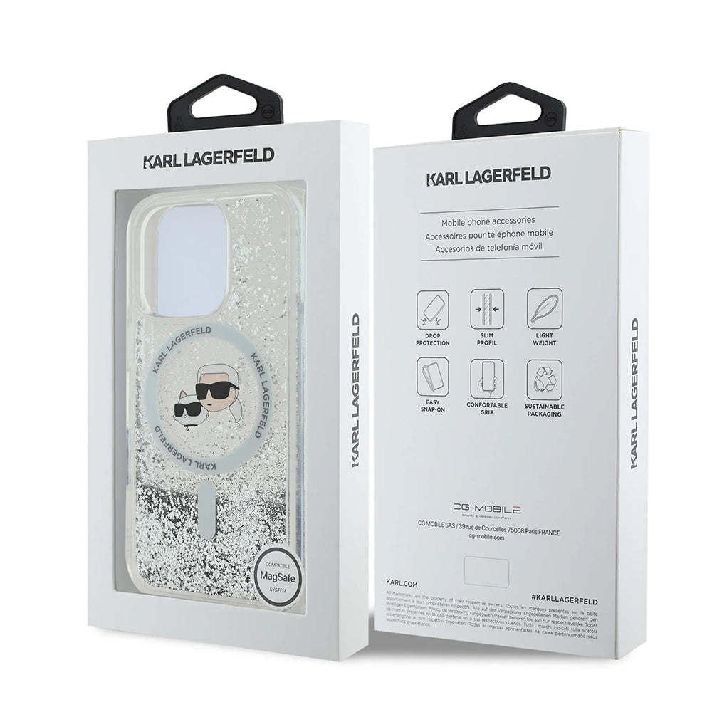 Pouzdro MagSafe pro Apple iPhone 16 Pro Max, Karl Lagerfeld, Liquid Glitter Karl & Choupette's Heads, Transparentní