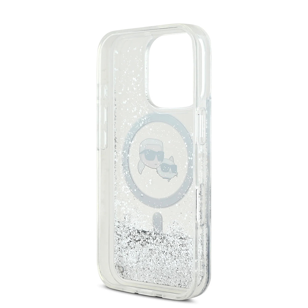 Pouzdro MagSafe pro Apple iPhone 16 Pro Max, Karl Lagerfeld, Liquid Glitter Karl & Choupette's Heads, Transparentní