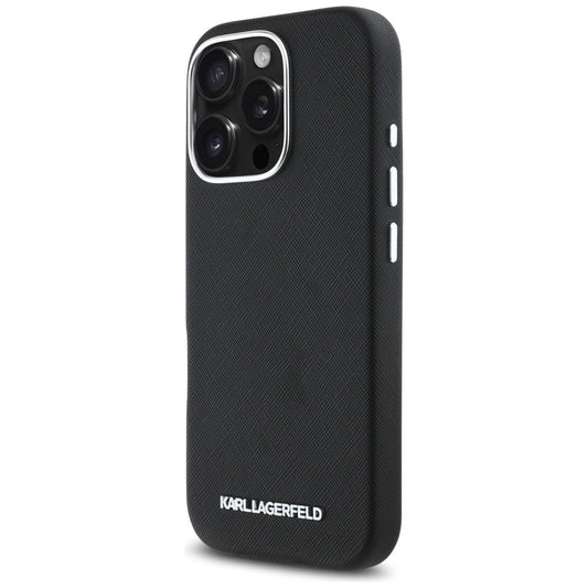 Pouzdro MagSafe pro Apple iPhone 16 Pro Max, Karl Lagerfeld, Saffiano Full Wrapped Elongated Metal Logo, Černá