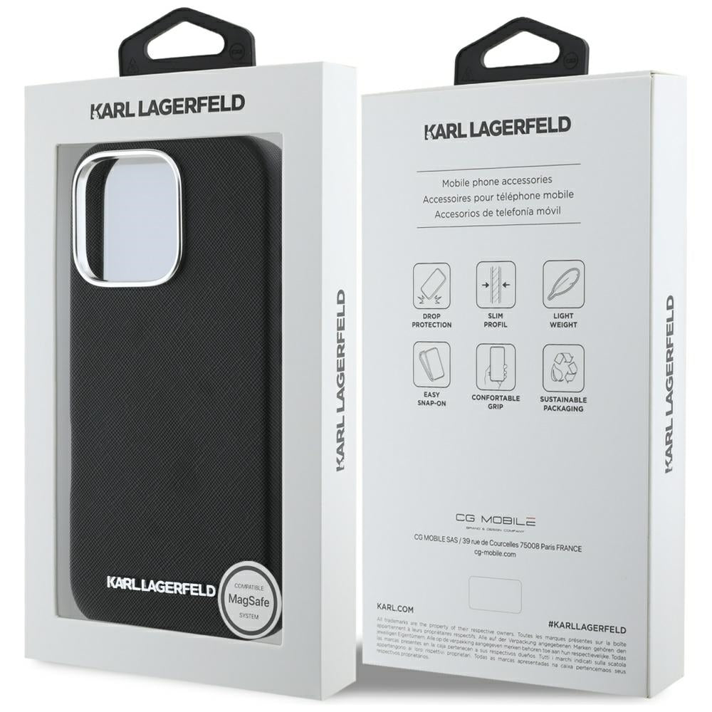 Pouzdro MagSafe pro Apple iPhone 16 Pro Max, Karl Lagerfeld, Saffiano Full Wrapped Elongated Metal Logo, Černá