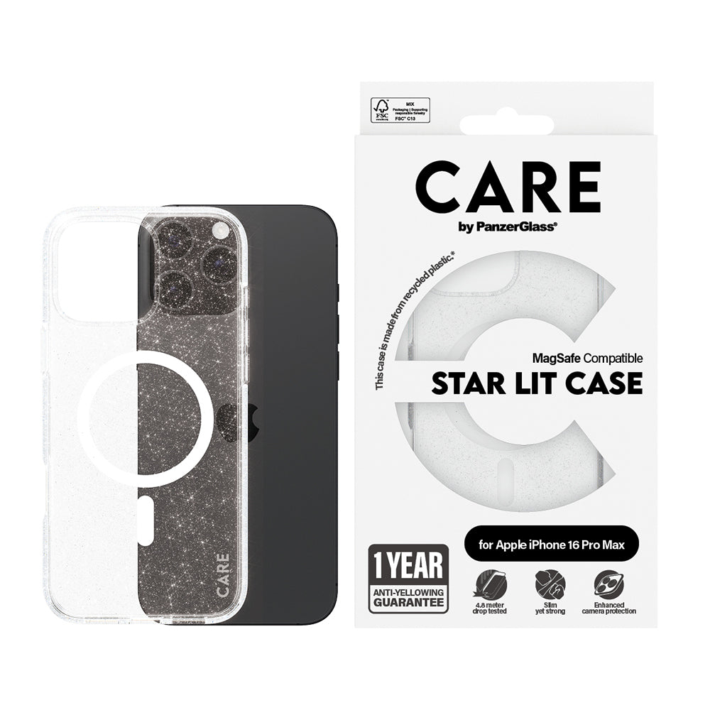 Pouzdro MagSafe pro Apple iPhone 16 Pro Max, PanzerGlass, Care Urban Combat Star Lit, Bílá Transparentní
