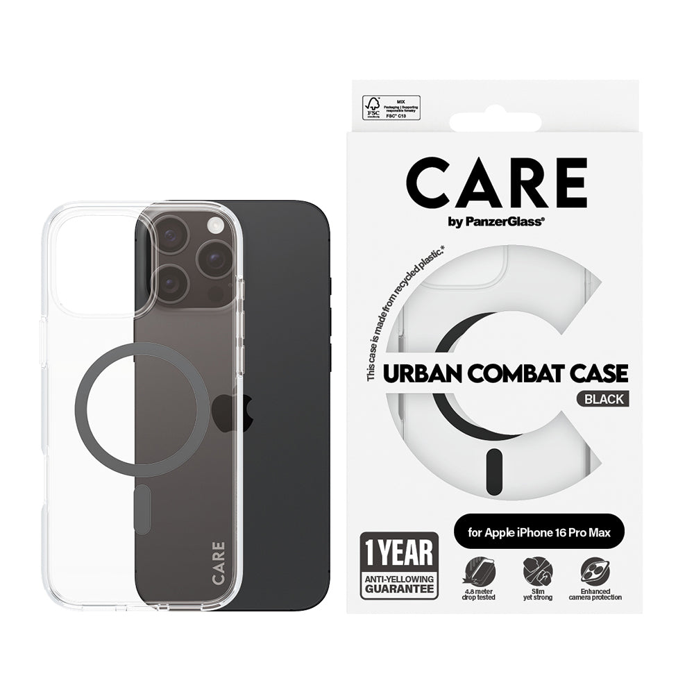 Pouzdro MagSafe pro Apple iPhone 16 Pro Max, PanzerGlass, Care Urban Combat, Černá Transparentní