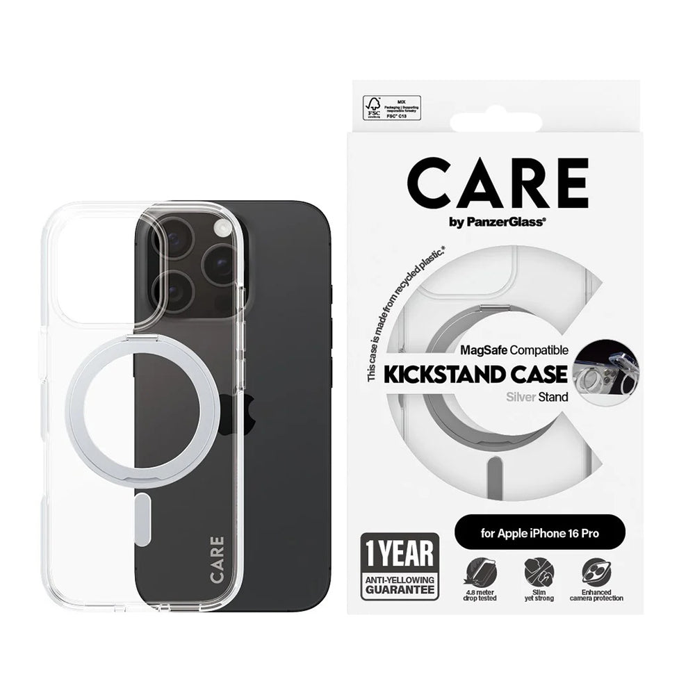 Pouzdro MagSafe pro Apple iPhone 16 Pro, PanzerGlass, Care Feature Kickstand, Stříbrně průhledné
