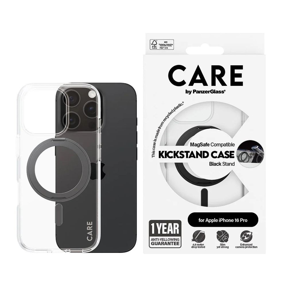 Pouzdro MagSafe pro Apple iPhone 16 Pro, PanzerGlass, s funkcí stojánku, černě průhledné