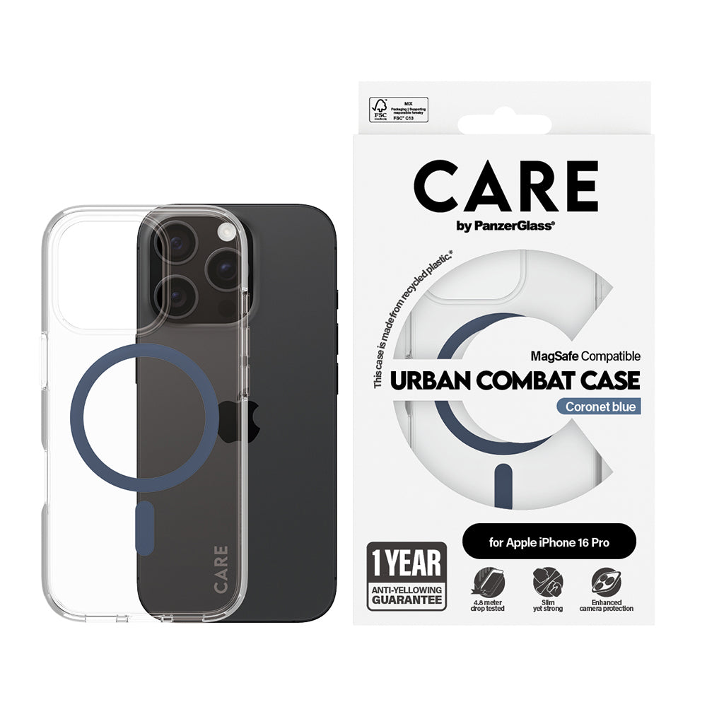 Pouzdro MagSafe pro Apple iPhone 16 Pro, PanzerGlass, Care Urban Combat, Modrá Transparentní
