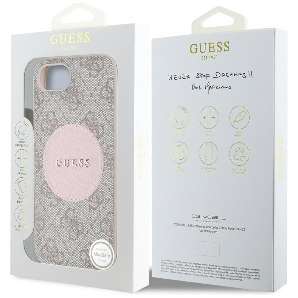 Pouzdro MagSafe pro Apple iPhone 17e / 16e, Guess, 4G Circle Classic Logo, Růžové