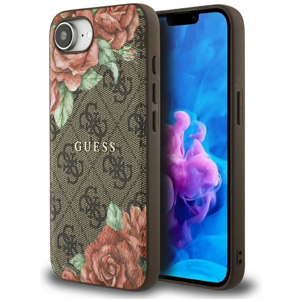 Pouzdro MagSafe pro Apple iPhone 17e / 16e, Guess, 4G Flowers Print, Hnědá