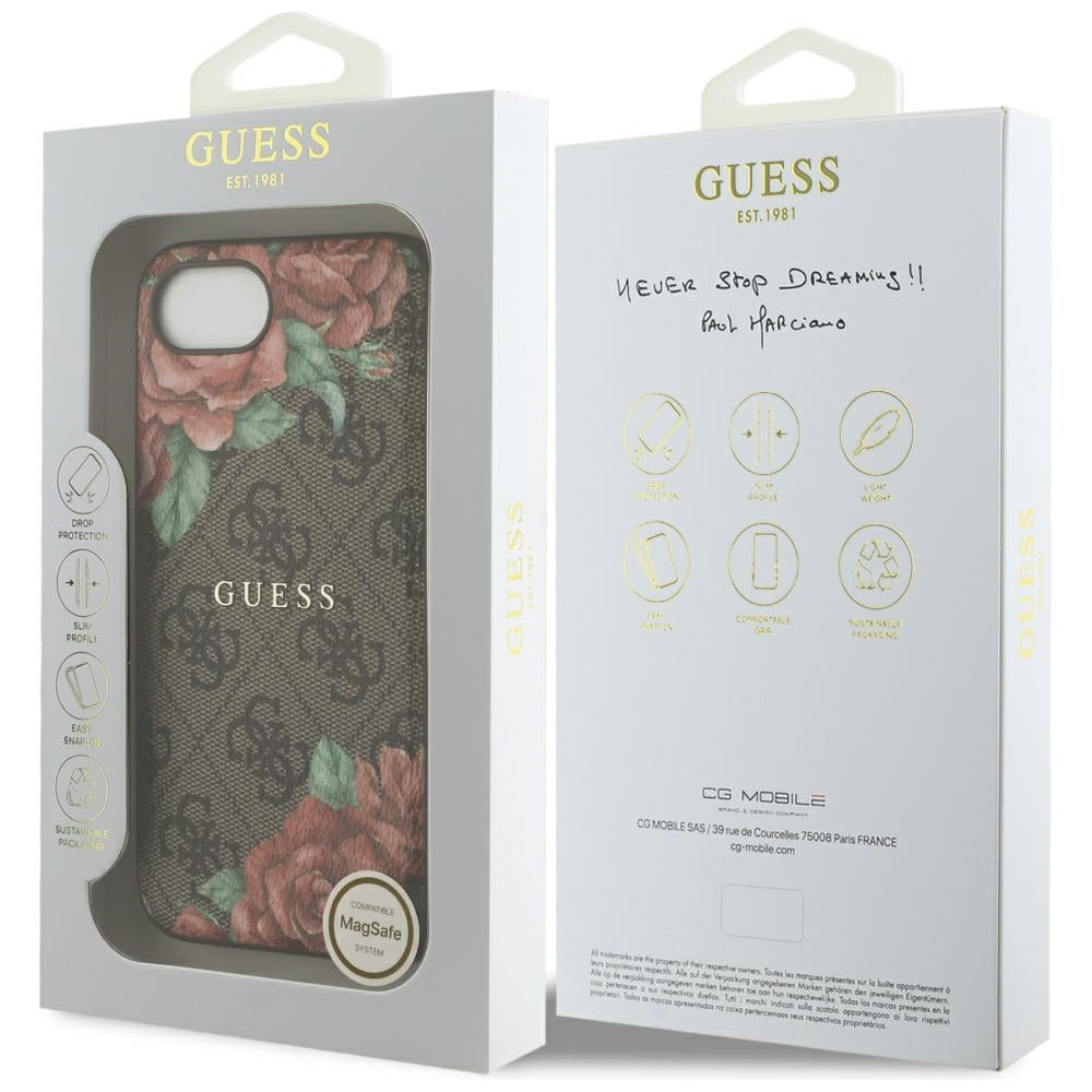 Pouzdro MagSafe pro Apple iPhone 17e / 16e, Guess, 4G Flowers Print, Hnědá