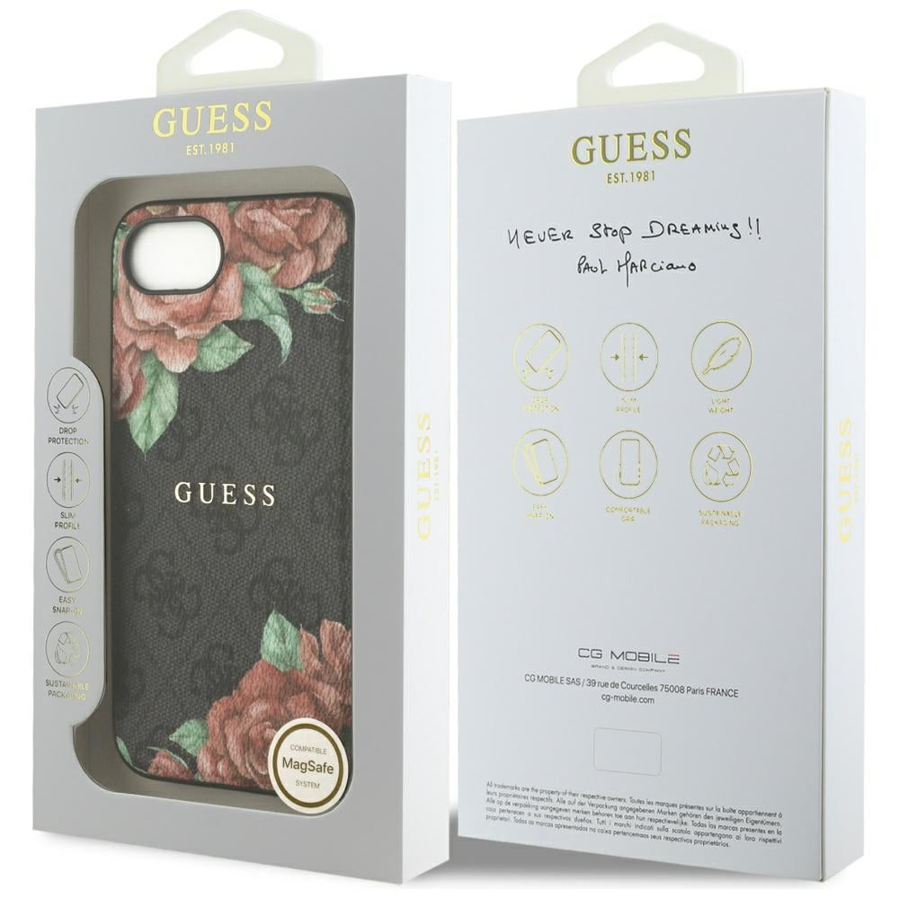 Pouzdro MagSafe pro Apple iPhone 17e / 16e, Guess, 4G Flowers Print, Černá
