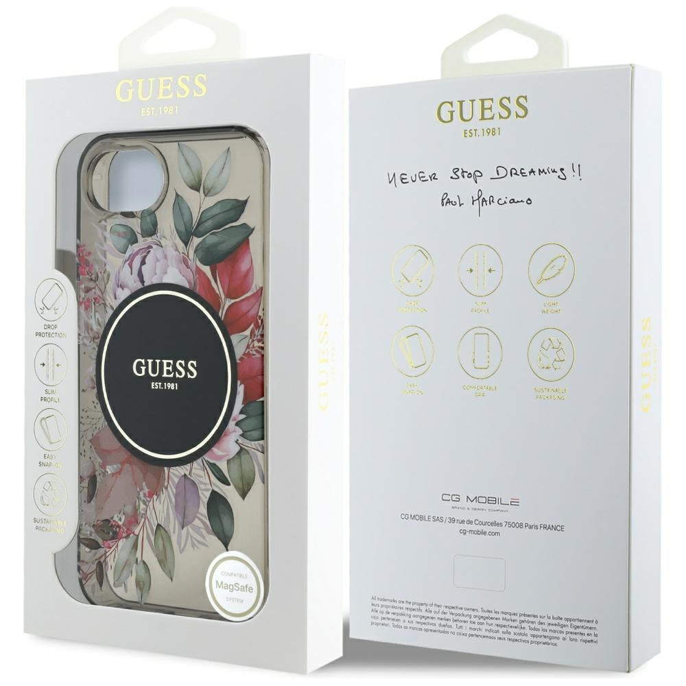 Pouzdro MagSafe pro Apple iPhone 17e / 16e, Guess, IML Flowers, Černá